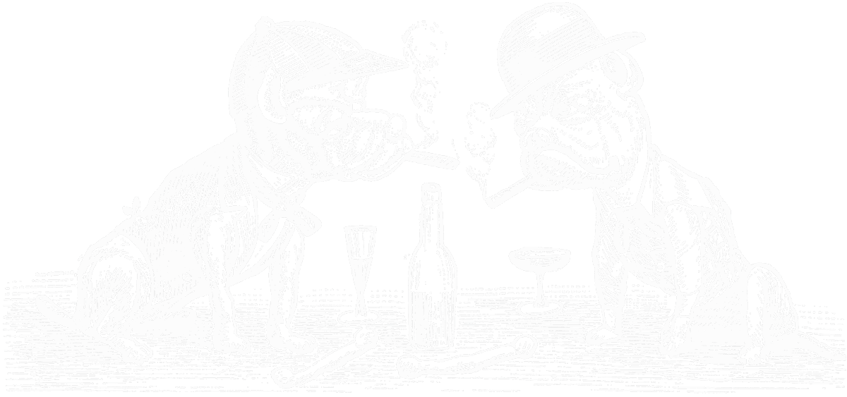 A graphic of a woodblock print of two french bulldogs smoking cigars while drinking from coup glasses.