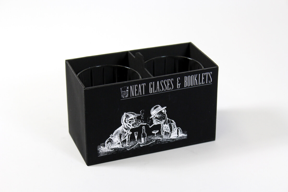 A black box with an open top to hold two neat glasses.