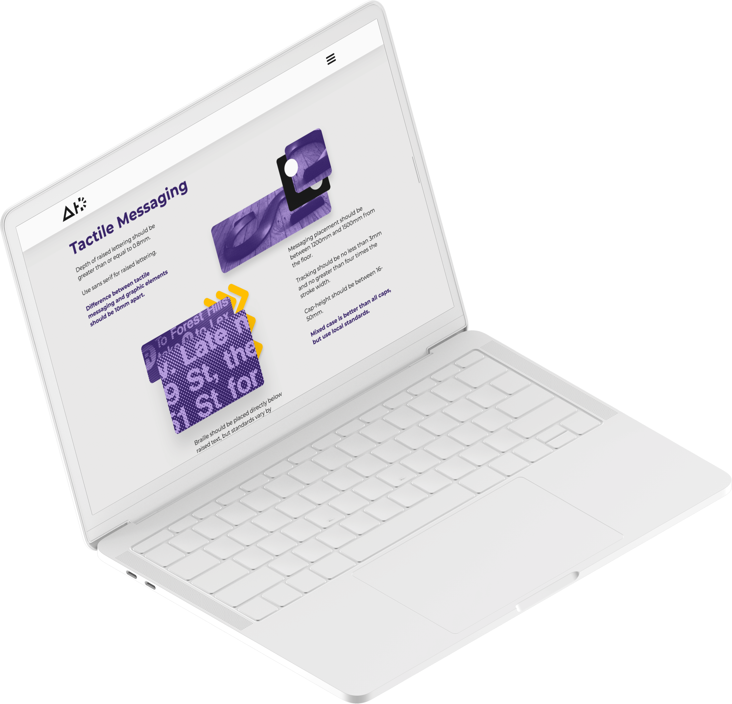 White MacBook Pro laptop mockup showing a desktop website on Environmental Design accessibility on a section focused on Tactile Messaging