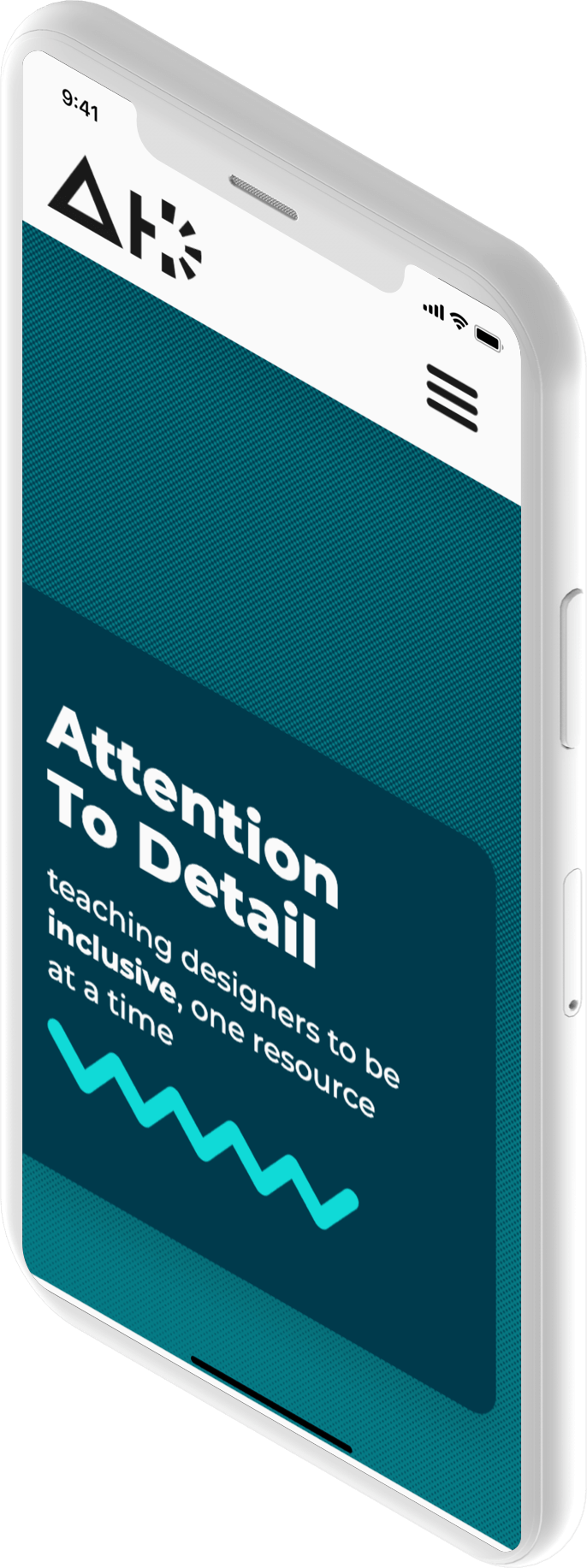 White iPhone mobile phone mockup displaying the home page of a mobile website focused on accessibility in design called Attention to Detail