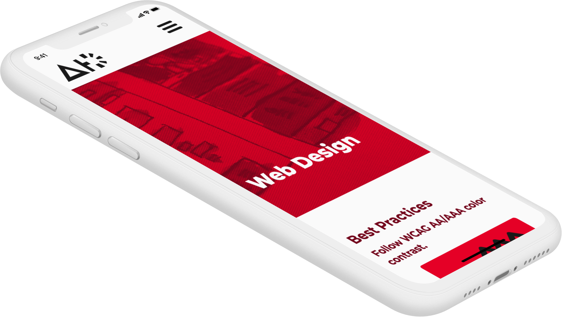 White iPhone mobile phone mockup showing a mobile website on Web Design accessibility