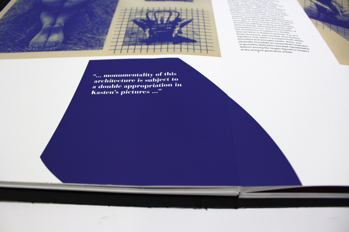 Spread of artist book of Barbara Kasten featuring two photos of cyanotypes she has created.