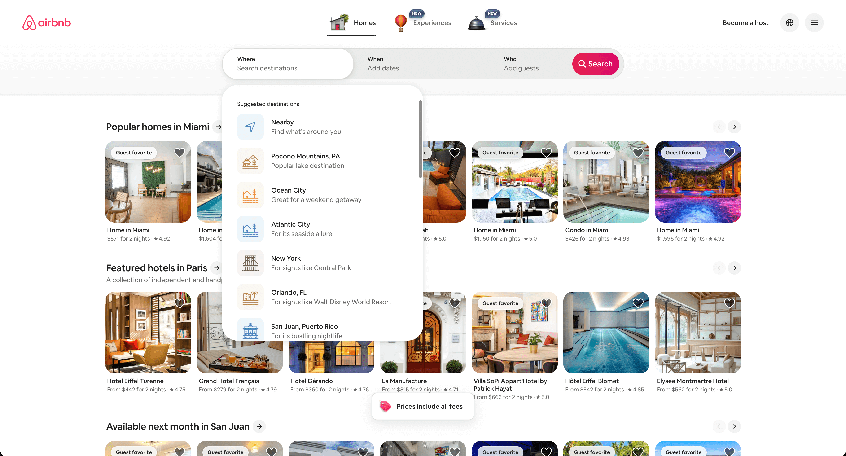 A screenshot from Airbnb's site showing their search function.