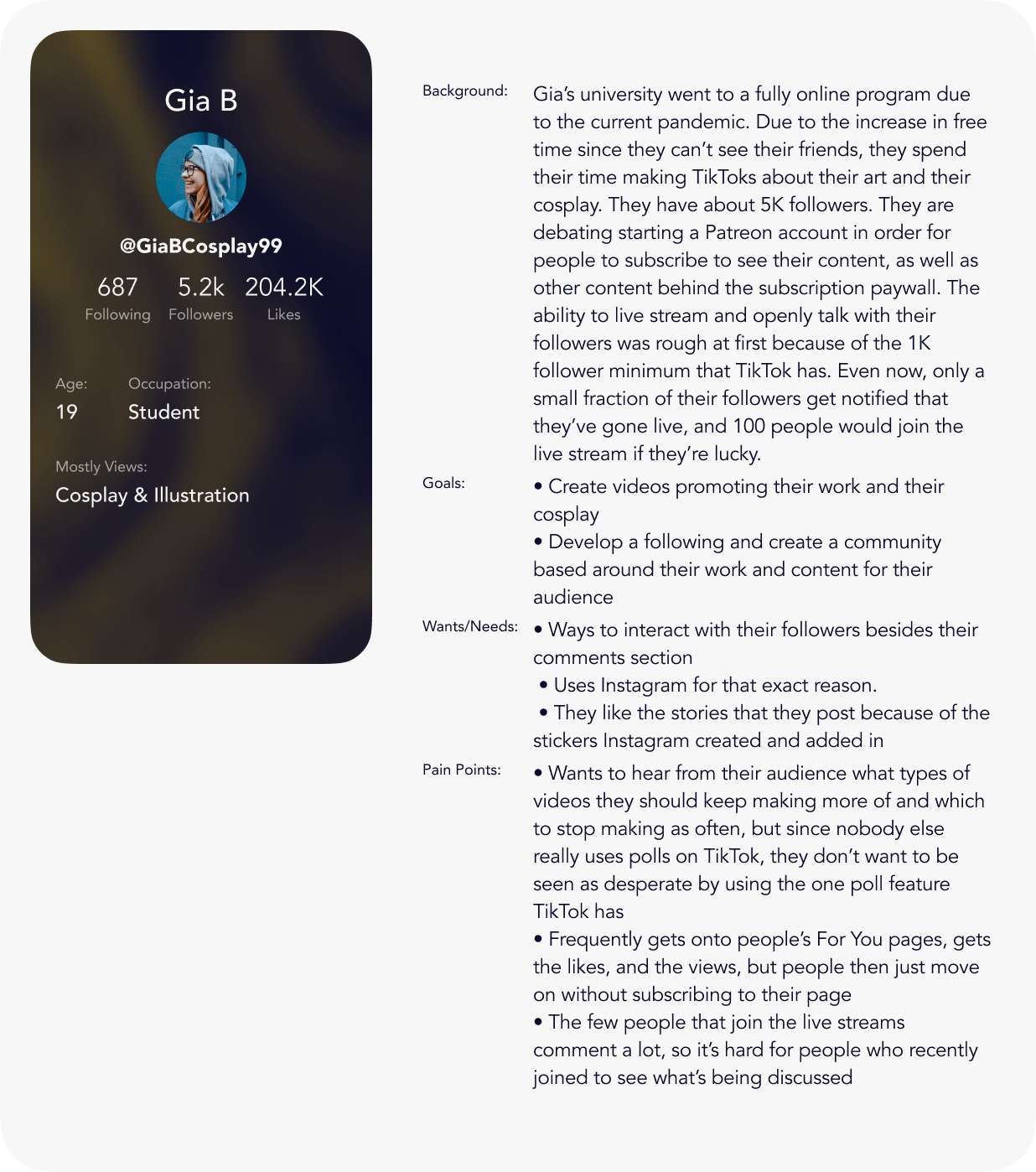 Description of a user persona for a content creator on TikTok