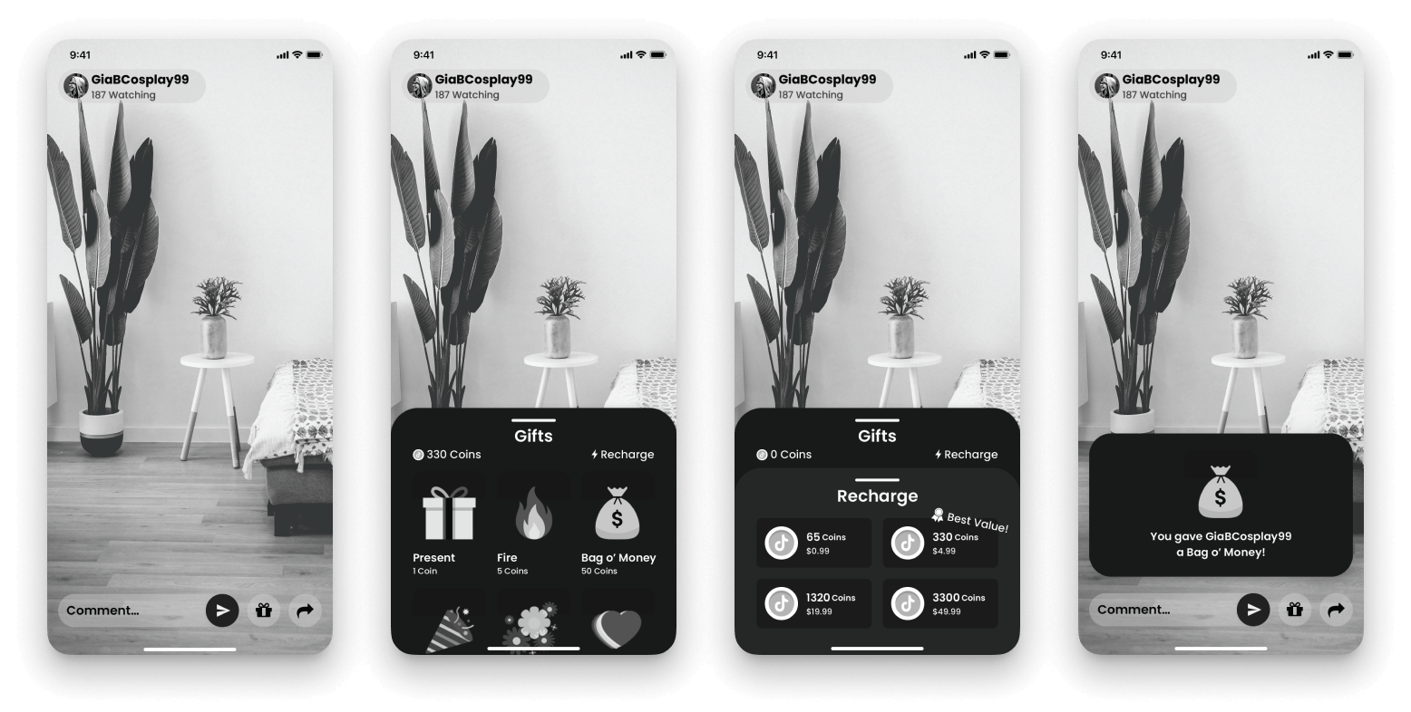 Series of four frames outlining the stages of opening a TikTok livestream and the process of donating money to a content creator