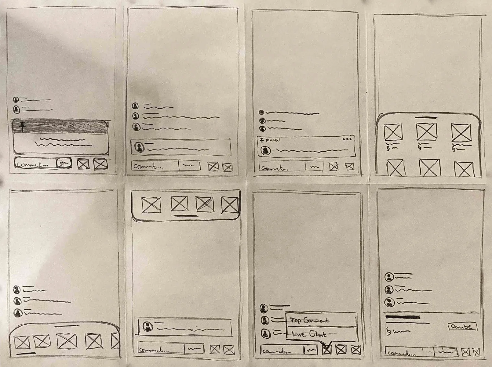 A series of eight sketches of potential live stream utilities